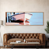 Docked Boat, Nautical Charm, Maritime Art, Framed Canvas Print, Coastal Living Room Decor, Beach House Wall Art, Ocean Painting