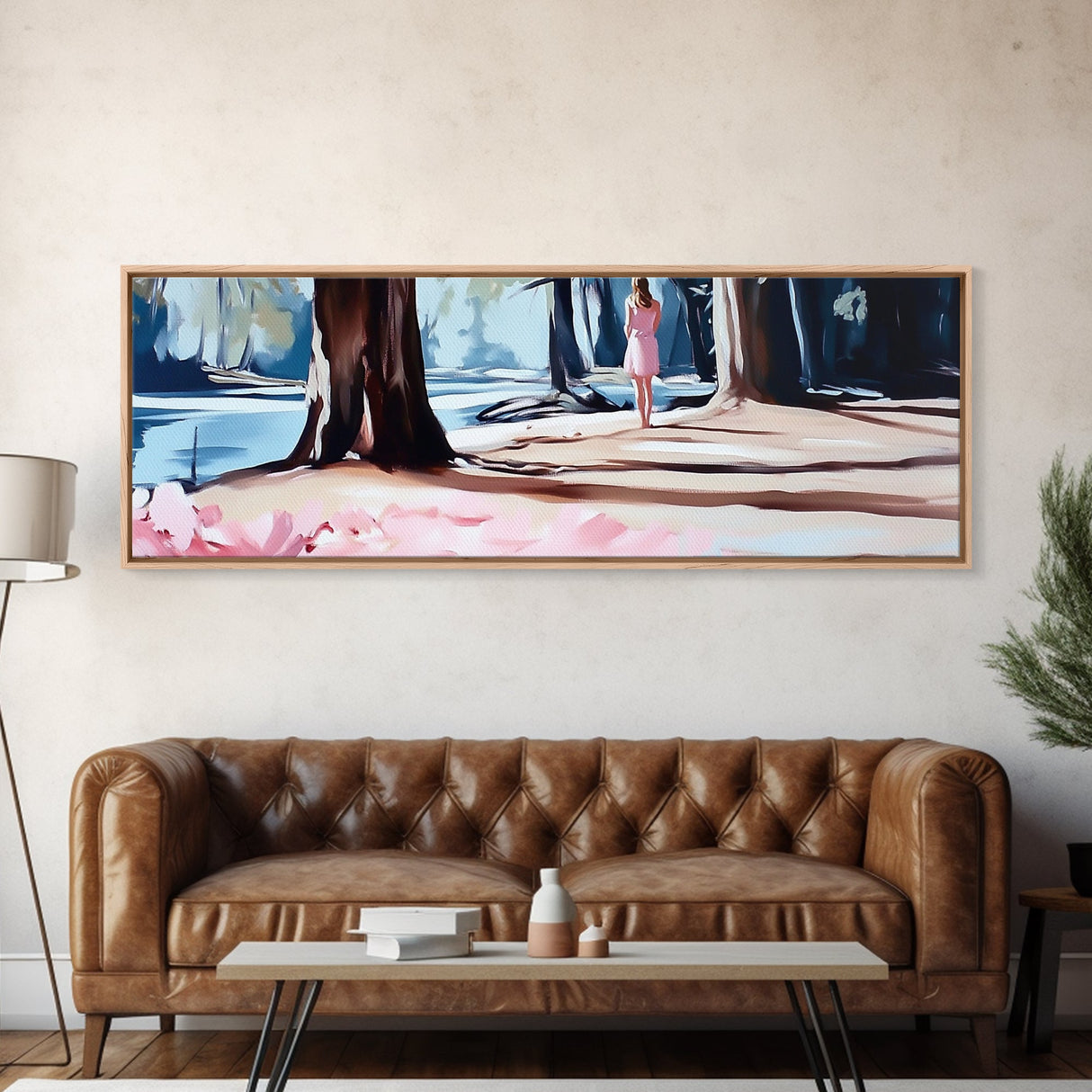 Forest Walk, Woman in Woods, Tranquil Landscape, Nature Escape, Romantic Art, Framed Canvas Print, Living Room Wall Art, Woodland Scene