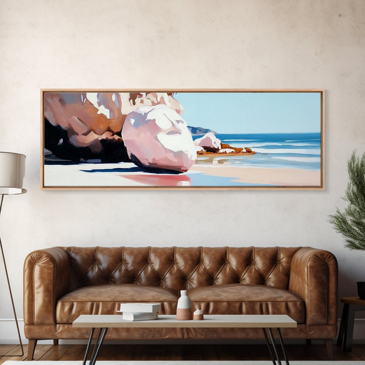 Beach Boulders, Coastal Landscape, Tranquil Escape, Framed Canvas Print, Ocean Wall Art, Boho Decor, Relaxing Seaside Painting