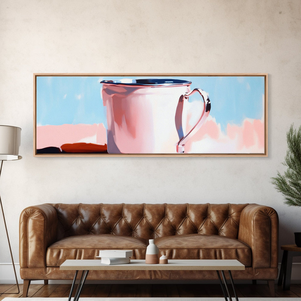 Enamel Mug Painting, Rustic Kitchen Art, Pastel Coffee Print, Still Life, Large Canvas Print, Modern Home Decor, Cozy Wall Art