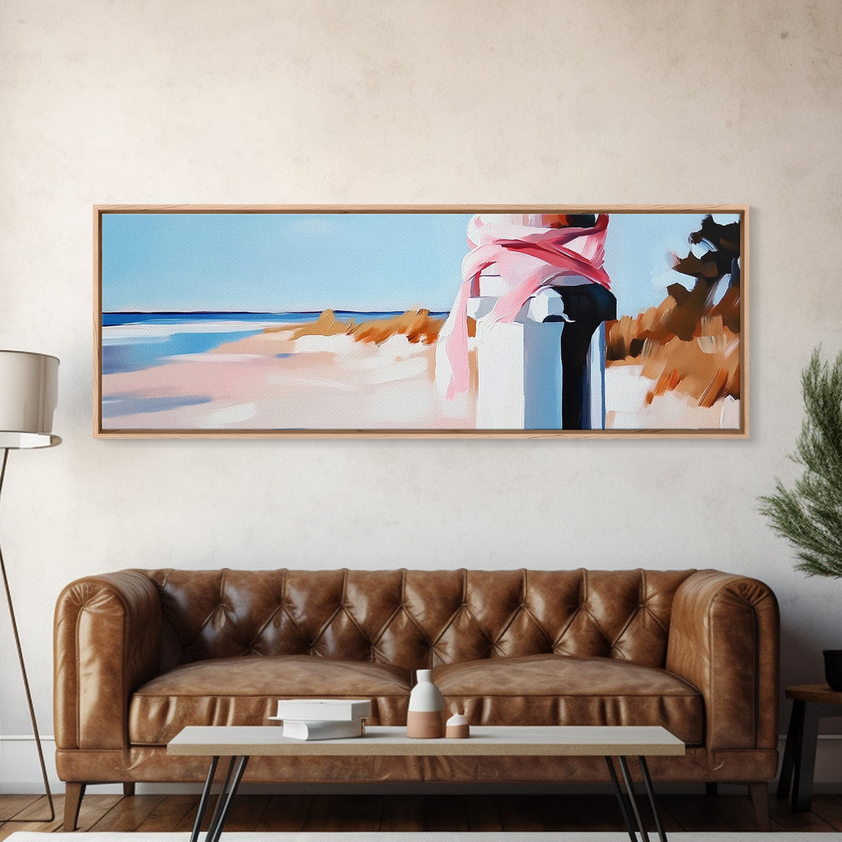 Coastal Fence Art, Beach Landscape Print, Pastel Ocean Painting, Minimalist Seaside Decor, Large Canvas Print, Modern Home Wall Art