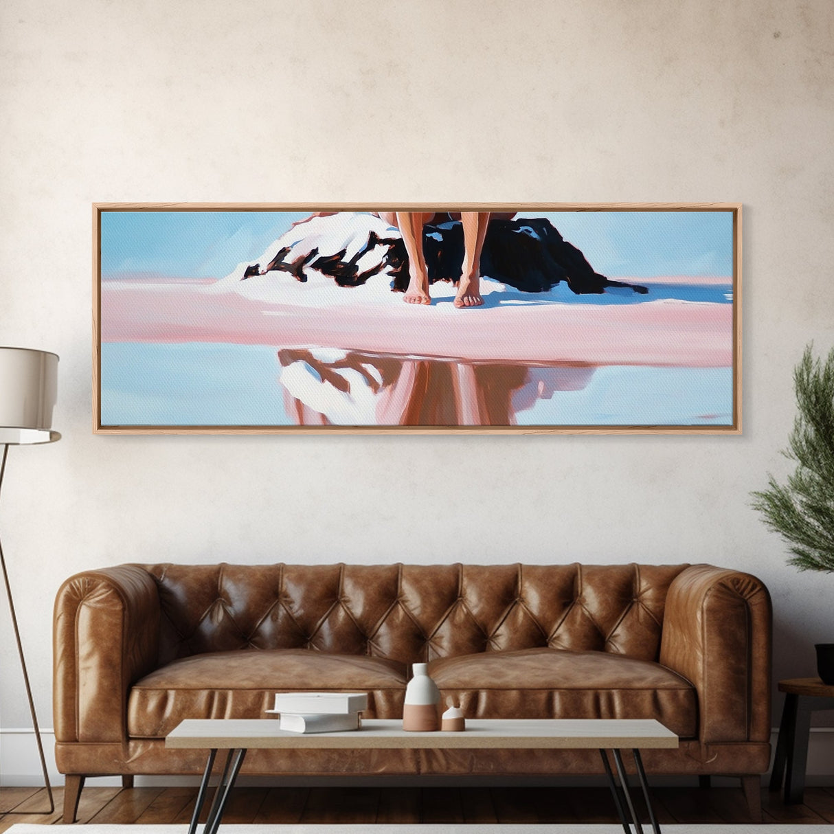 Seated on Rock, Serene Beach, Pink Tones, Coastal Minimalism, Contemporary Decor, Canvas Print, Bedroom Wall Art, Boho Vibes