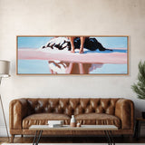 Seated on Rock, Serene Beach, Pink Tones, Coastal Minimalism, Contemporary Decor, Canvas Print, Bedroom Wall Art, Boho Vibes