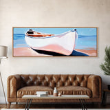White Canoe, Coastal Wall Art, Seaside Aesthetic, Framed Canvas Print, Minimalist Boat Painting, Nautical Beach House Art, Ocean Decor