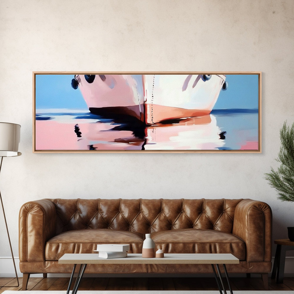 Soft Reflection, Coastal Wall Art, Minimalist Boat Painting, Nautical Home Decor, Pastel Seascape, Framed Canvas Print, Beach Art