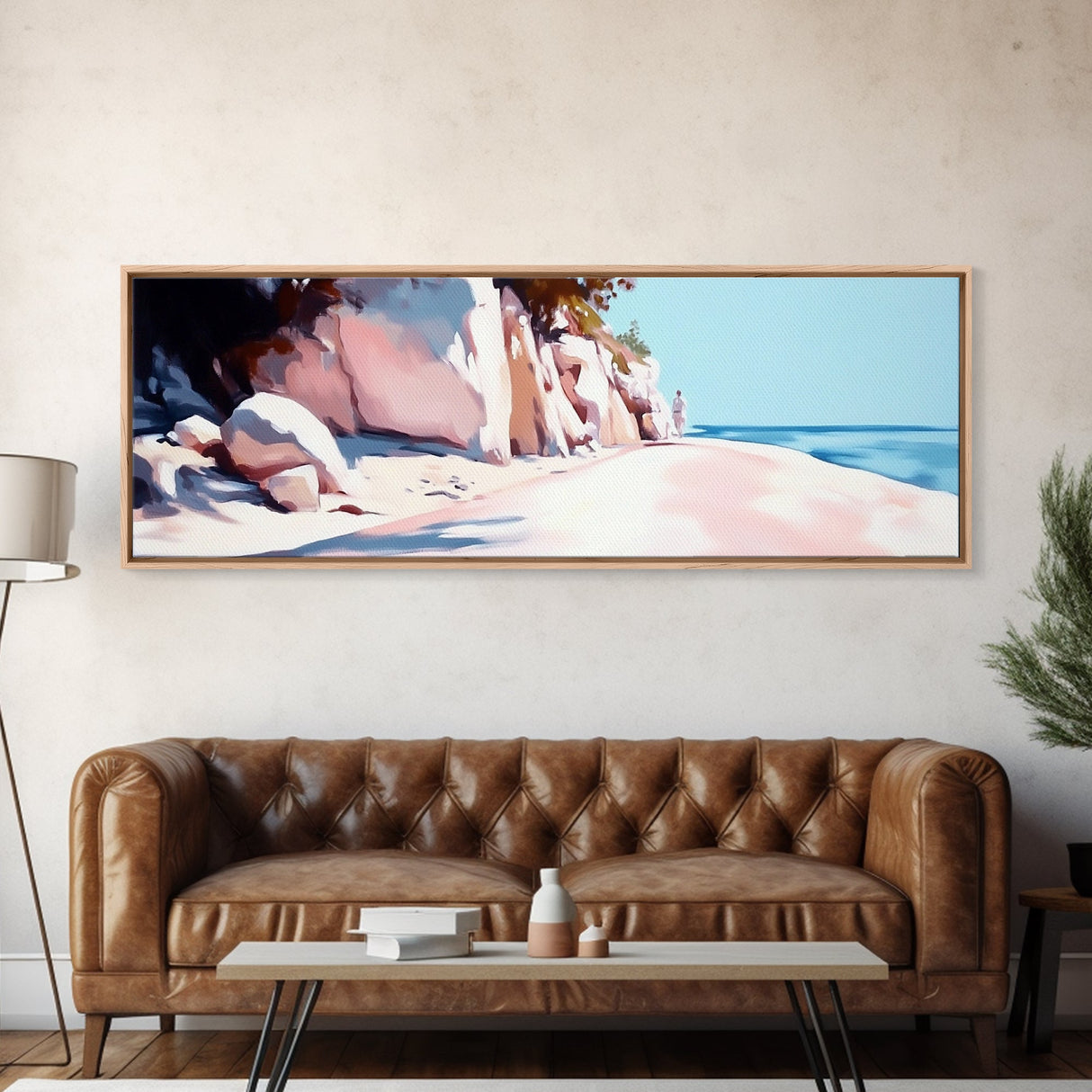 Cliffside Walk, Coastal Landscape Art, Peaceful Beach Scene, Nature Painting, Seaside Decor, Framed Canvas Print, Living Room Wall Art