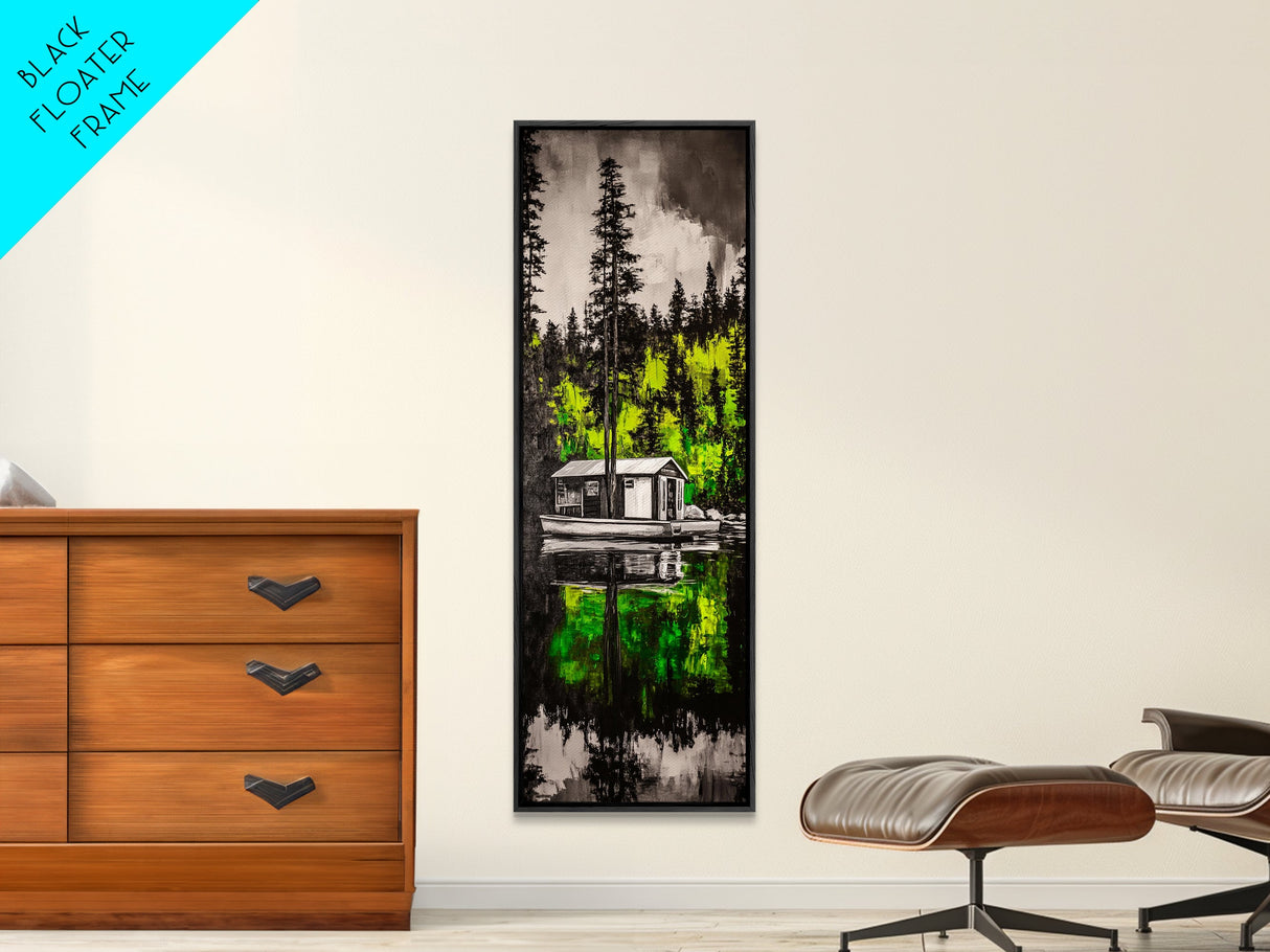 Forest Reflection, Cabin On Water, Tranquil Nature Scene, Woodsy Home Decor, Green Wall Art, Peaceful Landscape, Framed Canvas Print