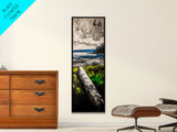 Driftwood Coast, Coastal Landscape, Beach Art, Ocean Decor, Natural Serenity, Rustic Style, Blue And Green Art, Framed Canvas Print