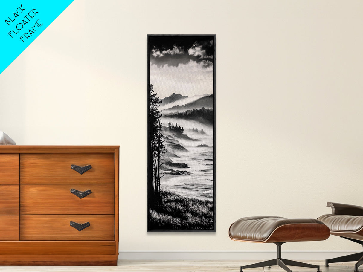 Misty Mountain Coast, Black and White Landscape Art, Modern Wall Decor, Framed Canvas Print, Minimalist Nature Art, Bedroom Wall Art