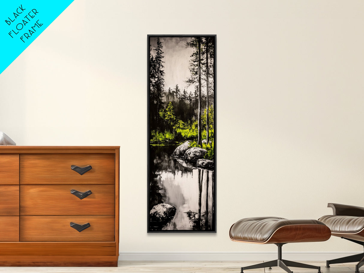 Tranquil River, Black White Nature, Reflective Water Scene, Forest Wall Decor, Rustic Landscape, Living Room Art, Framed Canvas Print