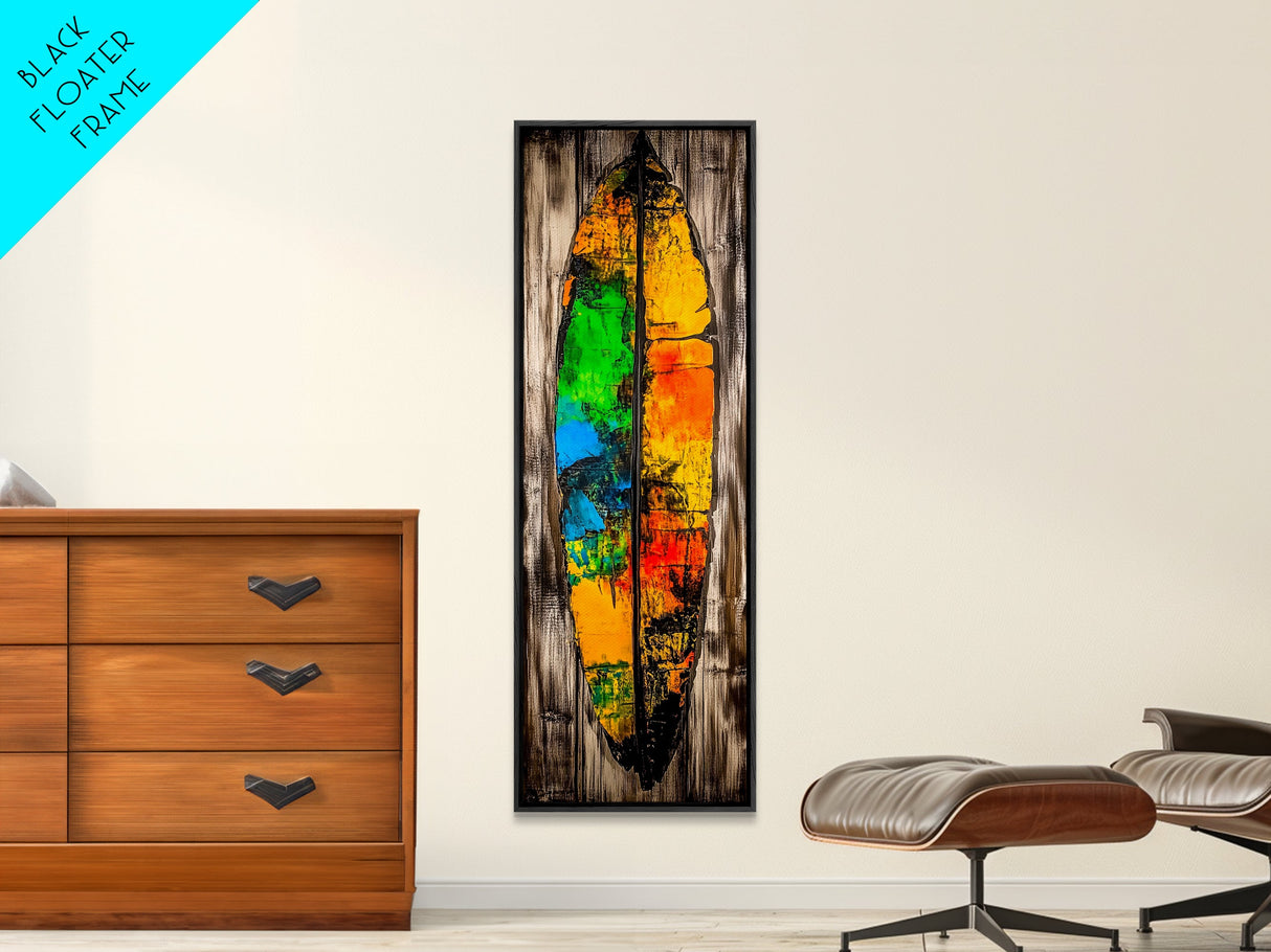 Rustic Surfboard, Abstract Art, Beach House Decor, Framed Canvas Print, Boho Wall Art, Coastal Living Room Artwork, Vibrant Painting