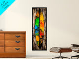 Rustic Surfboard, Abstract Art, Beach House Decor, Framed Canvas Print, Boho Wall Art, Coastal Living Room Artwork, Vibrant Painting