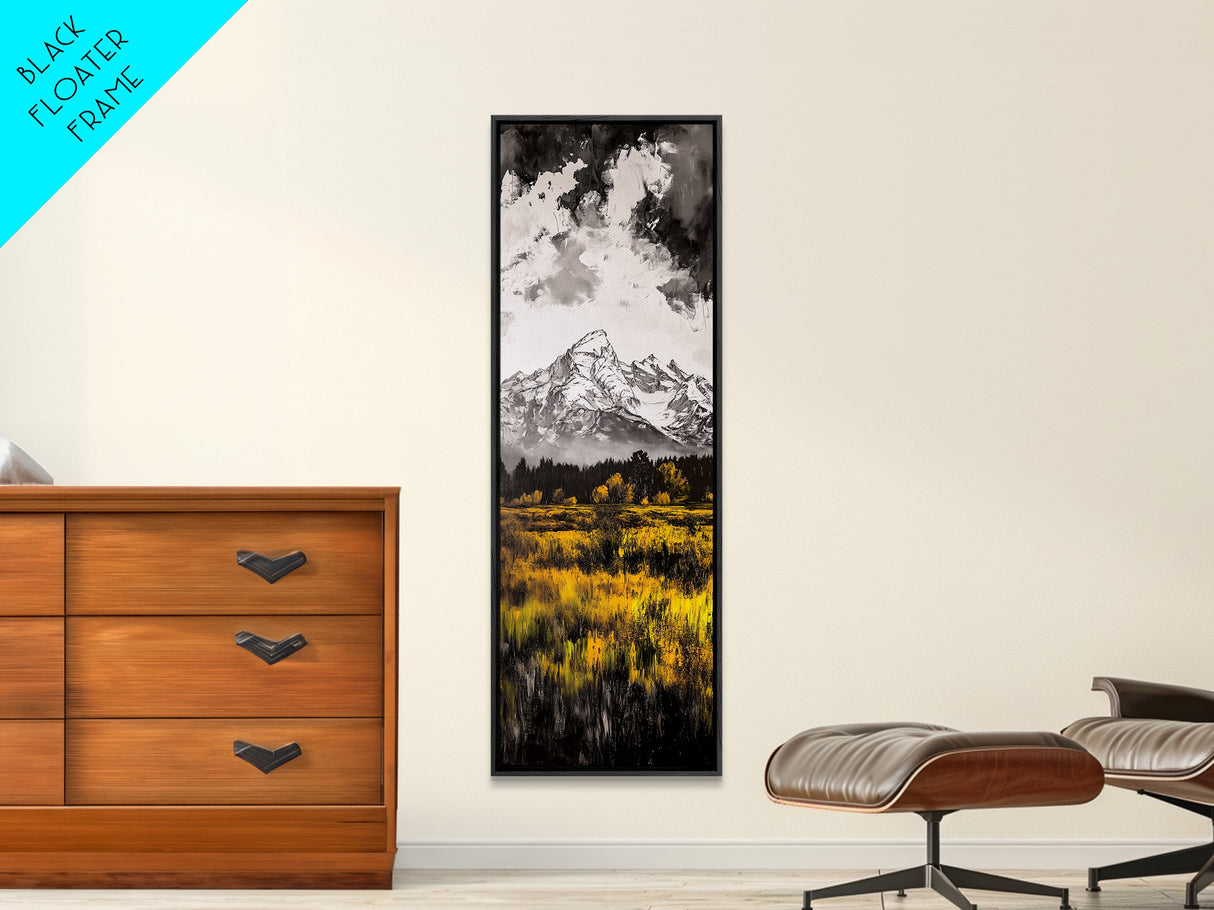 Snowy Peaks, Fall Meadow, Framed Canvas Print, Rustic Landscape Art, Mountain Decor, Cozy Cabin Art, Nature Art, Dining Room Decor