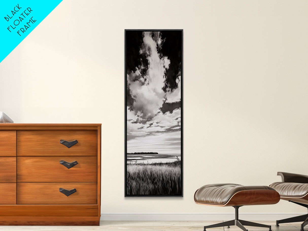 Black and White Sky, Cloudscape Wall Art, Minimalist Artwork, Nature Landscape Painting, Office or Bedroom Decor, Framed Canvas Print