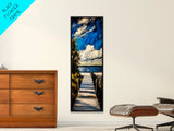 Serene Dock, Lake View, Blue and Gold, Canvas Print, Peaceful Nature Scene, Rustic Wall Art, Cabin Decor, Living Room Artwork