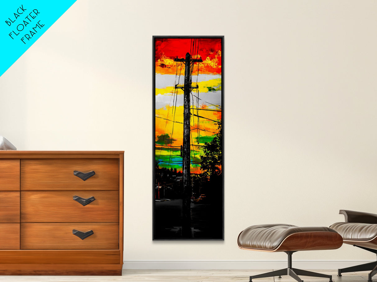Sunset Utility Pole, Electric Lines, Urban Contrast, Canvas Print, Industrial Wall Art, Bold Colorful Decor, Modern Living Room Art