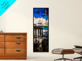 Dock on Water, Rustic Coastal Art, Blue Tones, Nautical Painting, Framed Canvas Print, Living Room Decor, Lakeside Cabin Wall Art