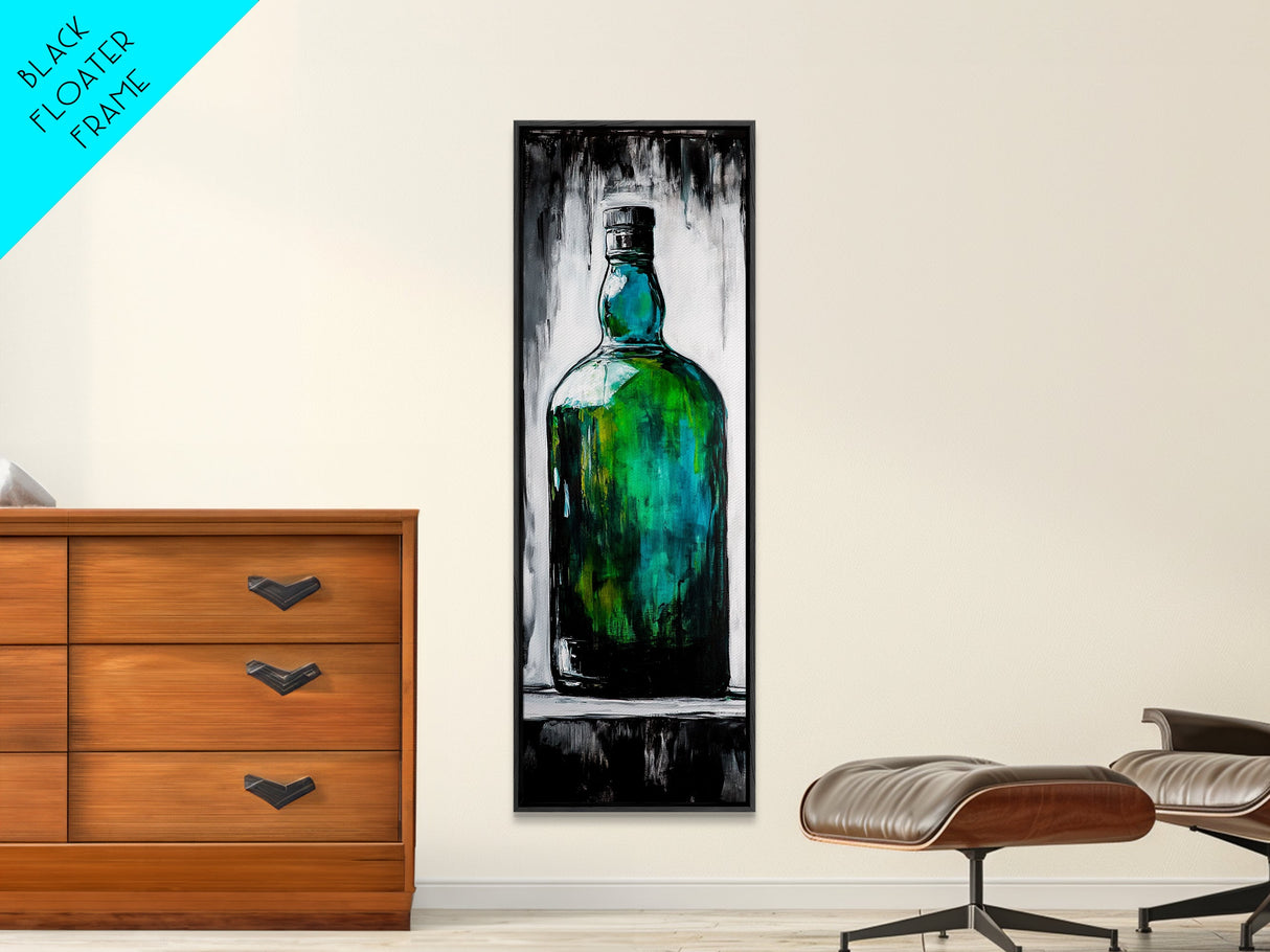 Green Glass Bottle, Modern Still Life, Minimalist Art, Contemporary Home Decor, Framed Canvas Print, Kitchen Wall Art, Vibrant Artwork