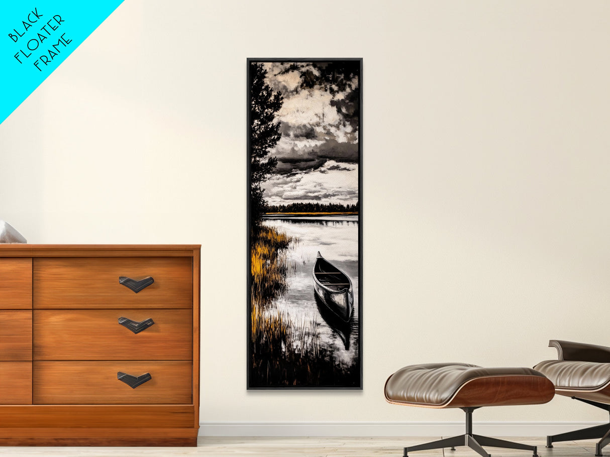 Canoe Lake, Tranquil Nature Art, Black and White Landscape, Framed Canvas Print, Serene Home Decor, Cabin Wall Art, Adventure Painting