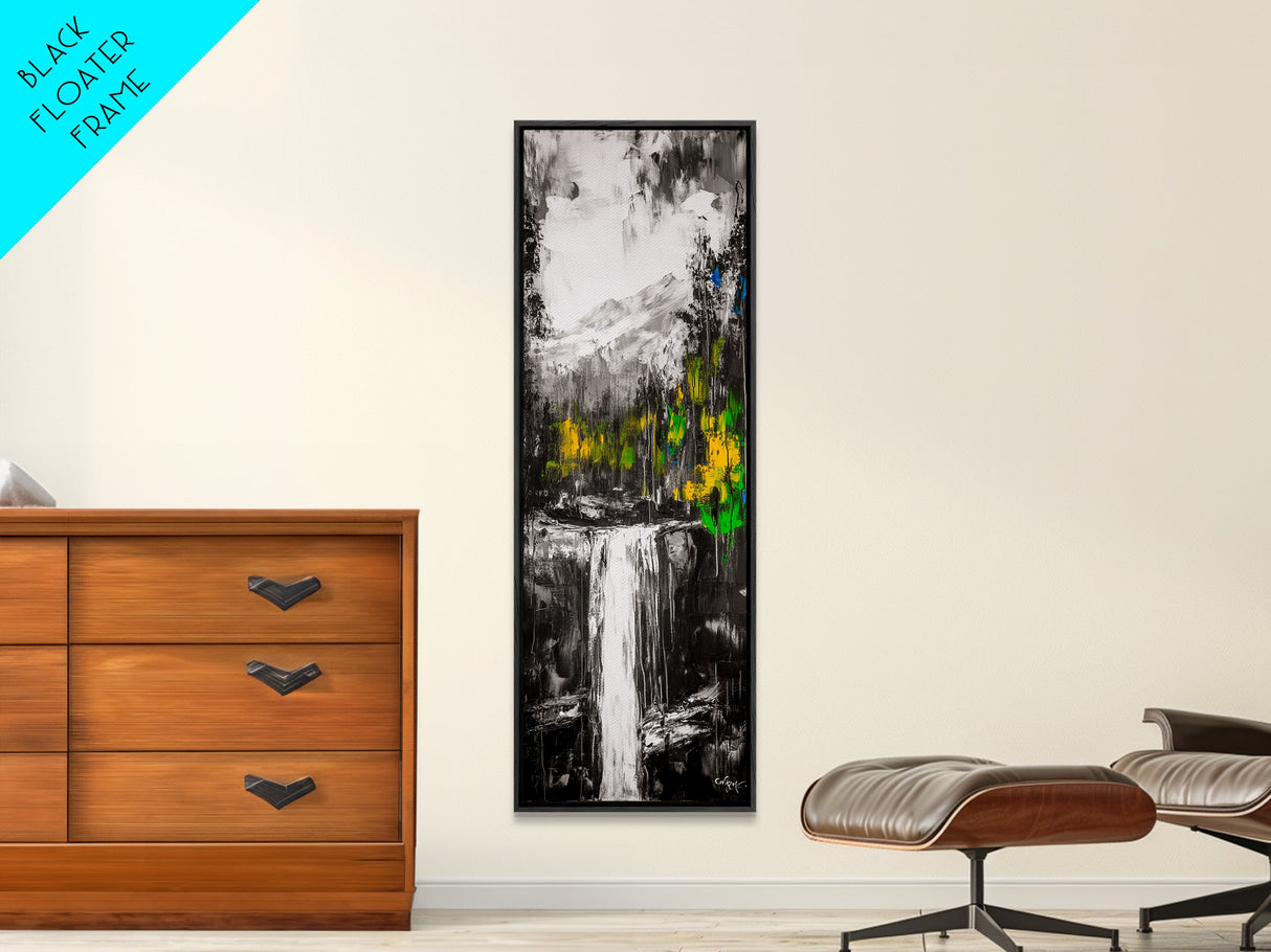 Waterfall Scene, Mountain Landscape, Abstract Nature Art, Canvas Print, Wilderness Wall Art, Green Yellow Decor, Adventure Home Decor