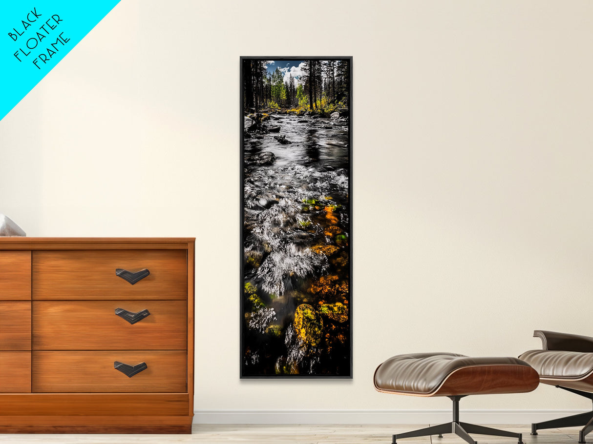 Flowing River Scene, Nature Photography, Tranquil Landscape Art, Framed Canvas Print, Cabin Wall Decor, Rustic Home Artwork, Autumn Theme