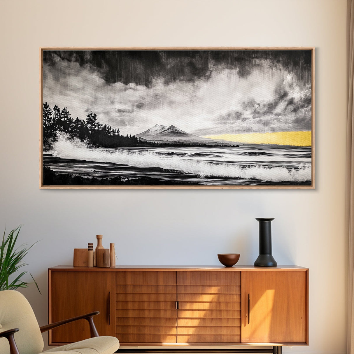 Stormy Ocean, Mountain View, Dramatic Landscape, Coastal Art, Black and White, Framed Canvas Print, Modern Wall Art, Office Decor