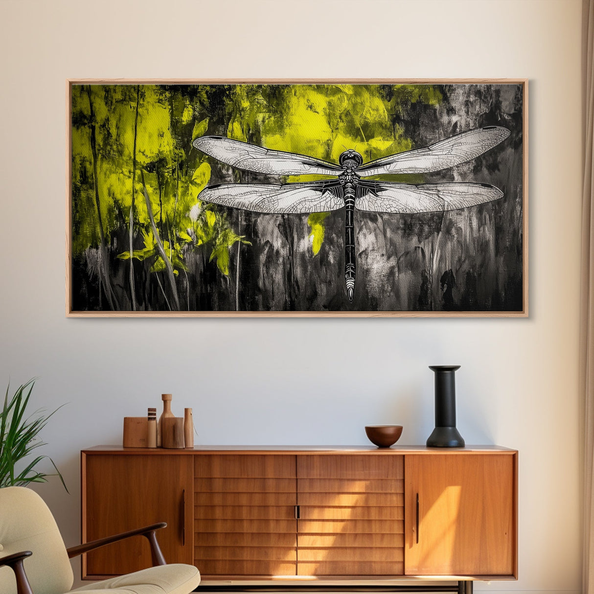 Dragonfly Art, Nature Insect, Modern Botanical, Black and White Sketch, Yellow Green Abstract, Framed Canvas Print, Bedroom Wall Decor