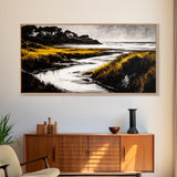 Golden Marsh, Ocean Landscape, Black and White Contrast, Nature Inspired, Minimalist Art, Framed Canvas Print, Bedroom Wall Decor