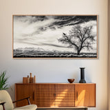 Lone Tree, Monochrome Landscape, Dramatic Sky, Framed Canvas Print, Moody Wall Art, Nature Scene, Modern Rustic Decor, Entryway Wall Art