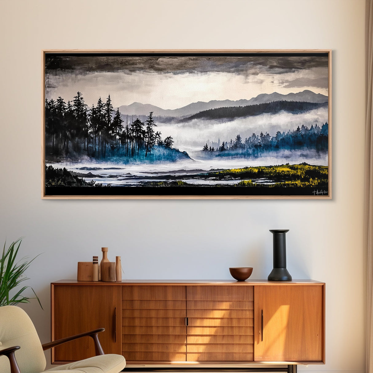Misty Forest, Foggy Mountains, Tranquil Nature, Framed Canvas Print, Nordic Wall Art, Living Room Decor, Large Landscape, Moody Home Art