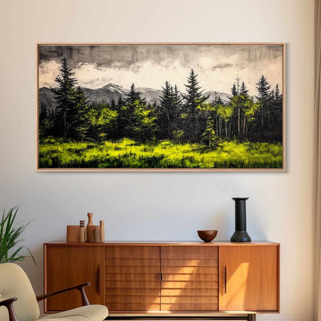 Green Forest, Mountain Landscape, Misty Trees, Framed Canvas Print, Nature Wall Art, Cabin Decor, Moody Landscape, Large Home Wall Art