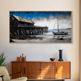 Pier and Boat, Seaside Wall Art, Coastal Landscape, Framed Canvas Print, Nautical Home Decor, Large Artwork, Ocean Painting