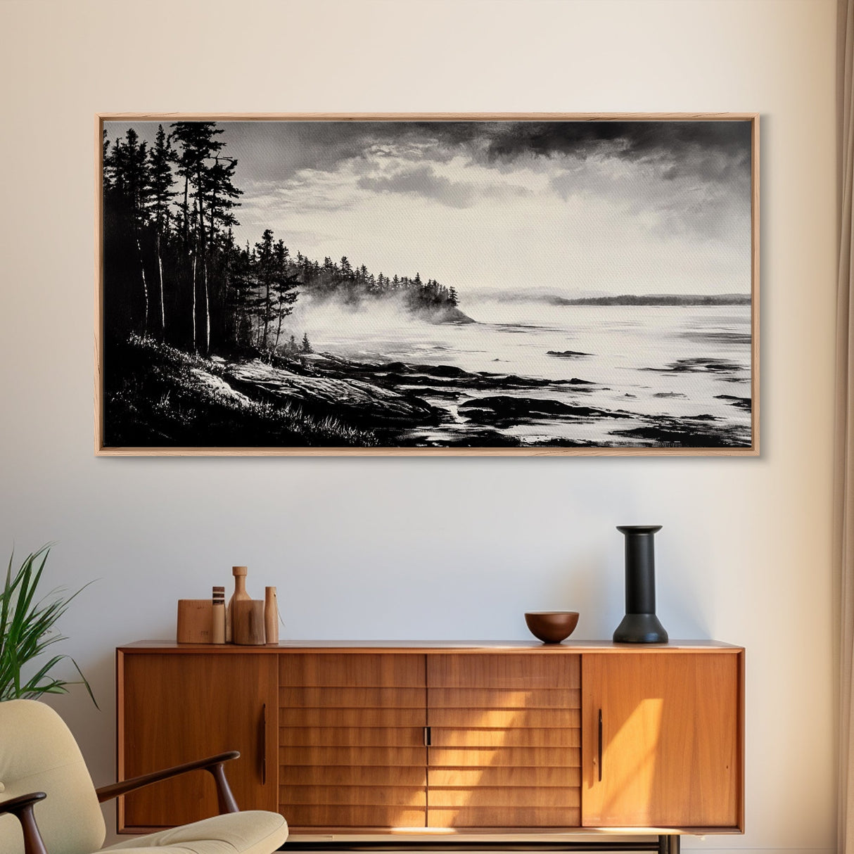 Foggy Coast, Misty Landscape Art, Black and White Wall Art, Canvas Print, Nature Wall Art, Cabin Decor, Moody Art