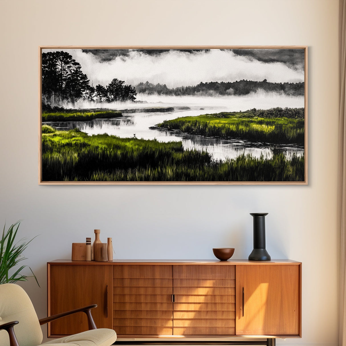 Misty Marsh, Green Landscape, Nature Lover Art, Framed Canvas Print, Serene Wall Art, Living Room Art, Minimalist Decor