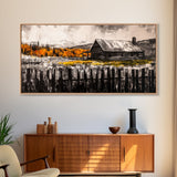 Rustic Cabin, Fall Foliage, Country Home Art, Canvas Print, Autumn Wall Decor, Farmhouse Wall Art, Cozy Living Room Art