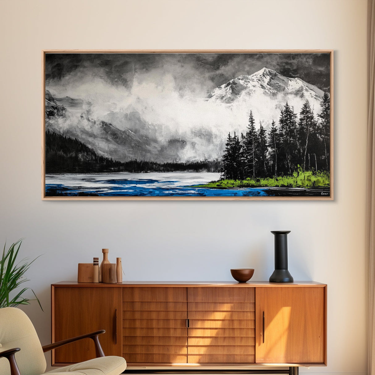 Snowy Mountains, Misty, Forest, Black and White, Canvas Print, Rustic Cabin Decor, Winter Wall Art, Nature Home Decor, Living Room Art