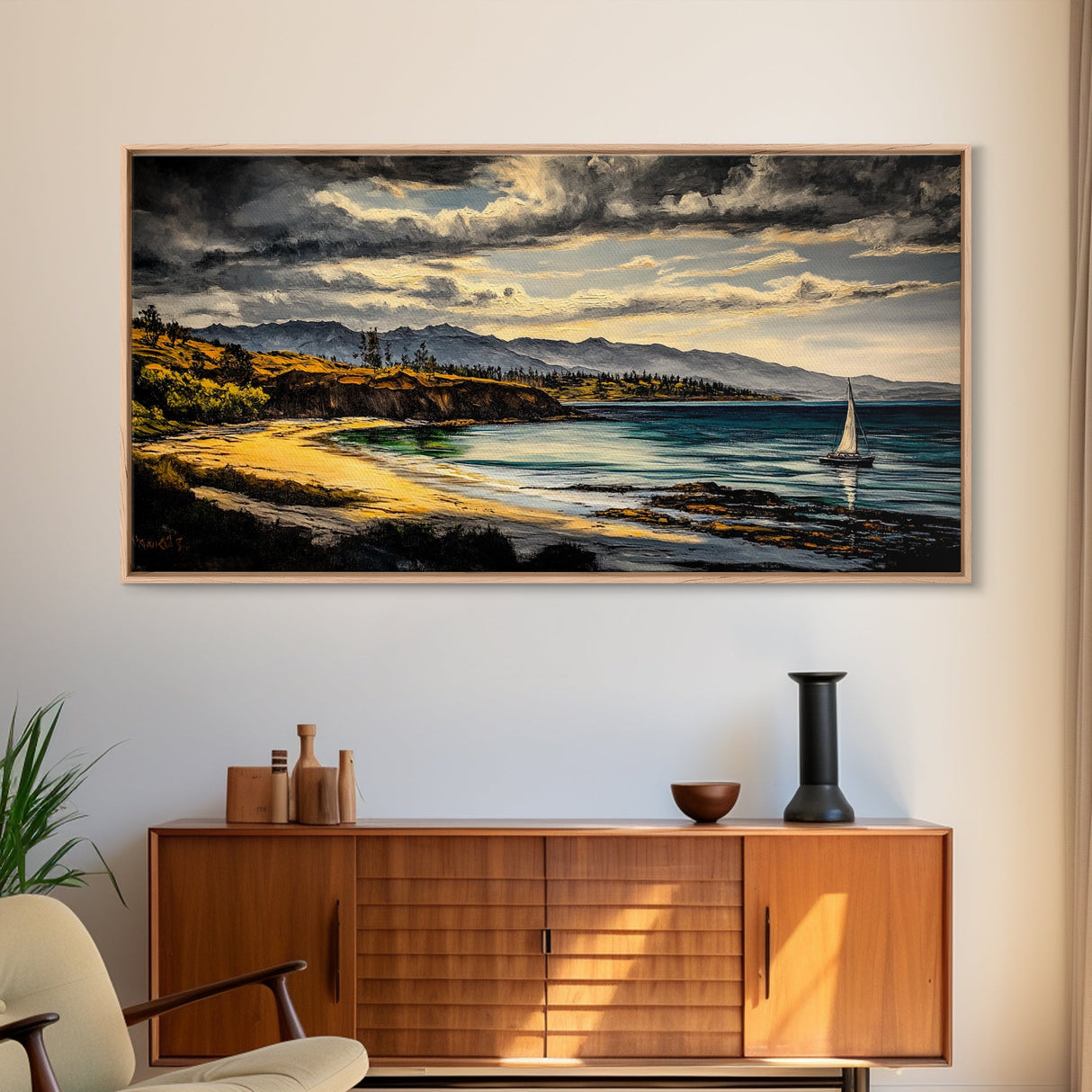 Sailboat, Coastal Sunset, Dramatic Sky, Framed Canvas Print, Nautical Wall Art, Beach House Decor, Ocean Lover Gift, Living Room Art