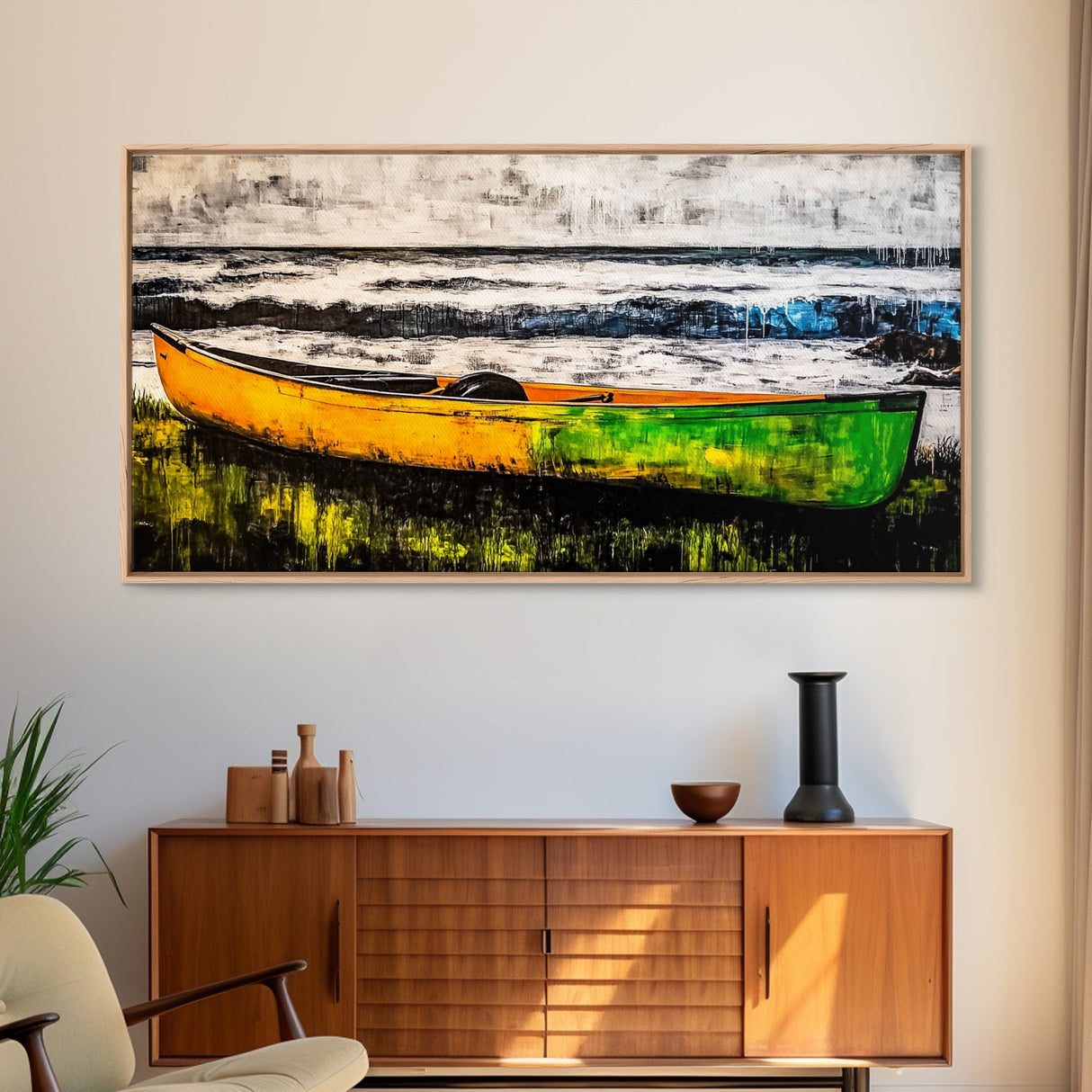 Canoe on the Shore, Rustic Nature Canvas Print, Lake House Wall Art, Autumn Painting, Outdoors Inspired Decor, Framed Canvas Print