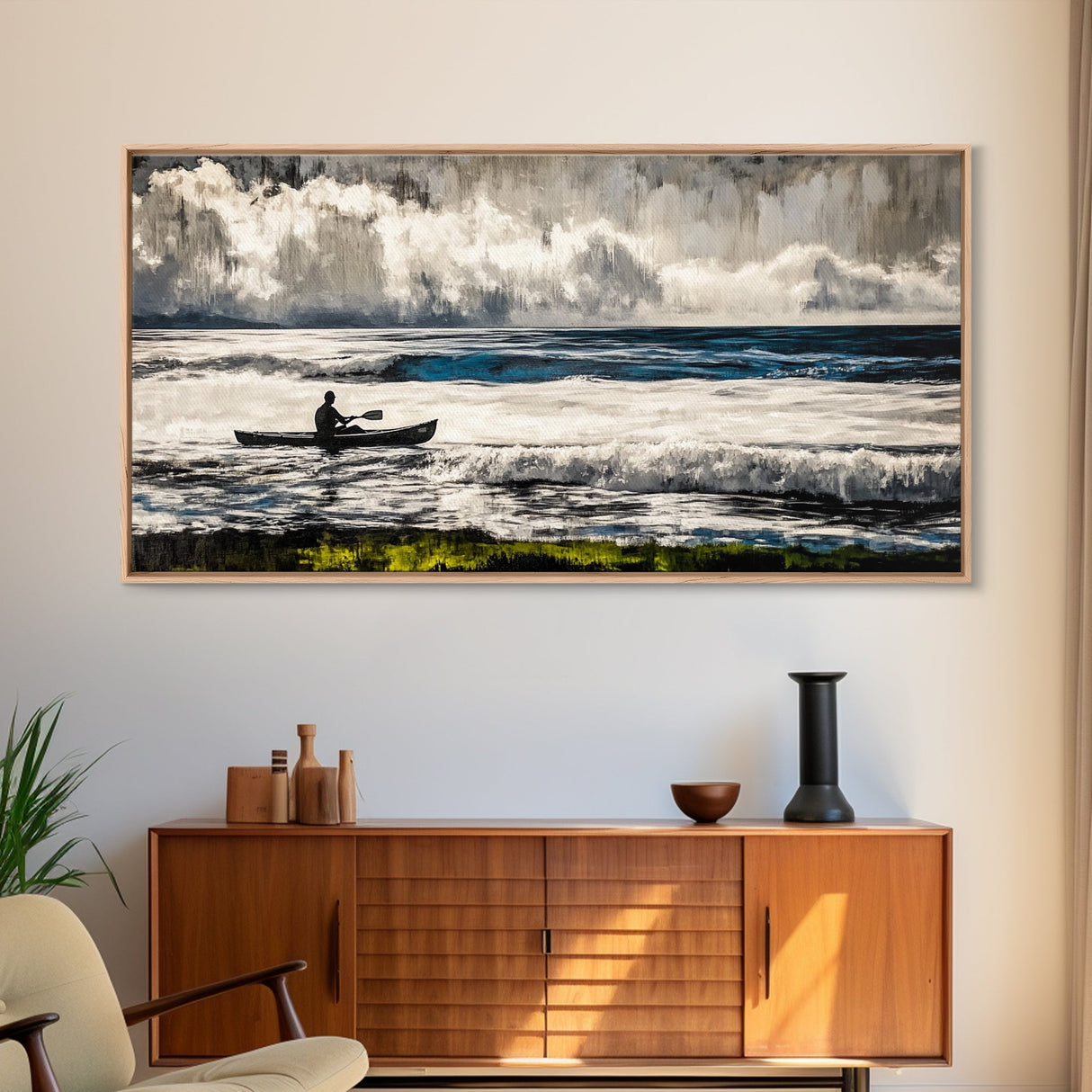 Kayaker on the Waves, Black and White Canvas Print, Ocean Adventure Wall Art, Nautical Decor, Living Room Artwork, Framed Canvas Print