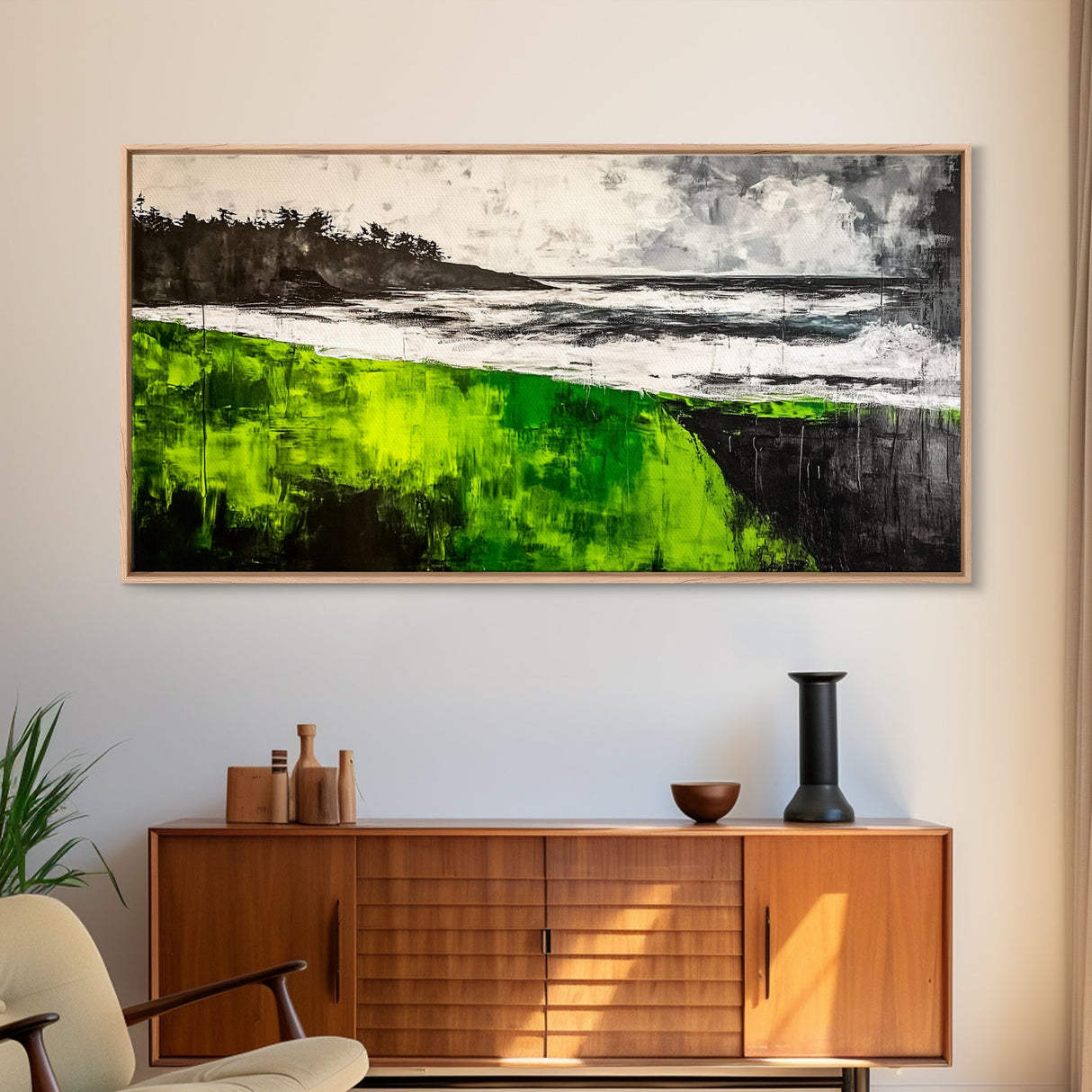 Green Cliffside, Coastal Landscape, Ocean Art, Black and White Seascape, Modern Home Decor, Nautical Theme Artwork, Framed Canvas Print