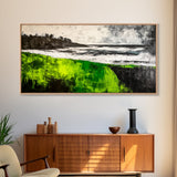 Green Cliffside, Coastal Landscape, Ocean Art, Black and White Seascape, Modern Home Decor, Nautical Theme Artwork, Framed Canvas Print