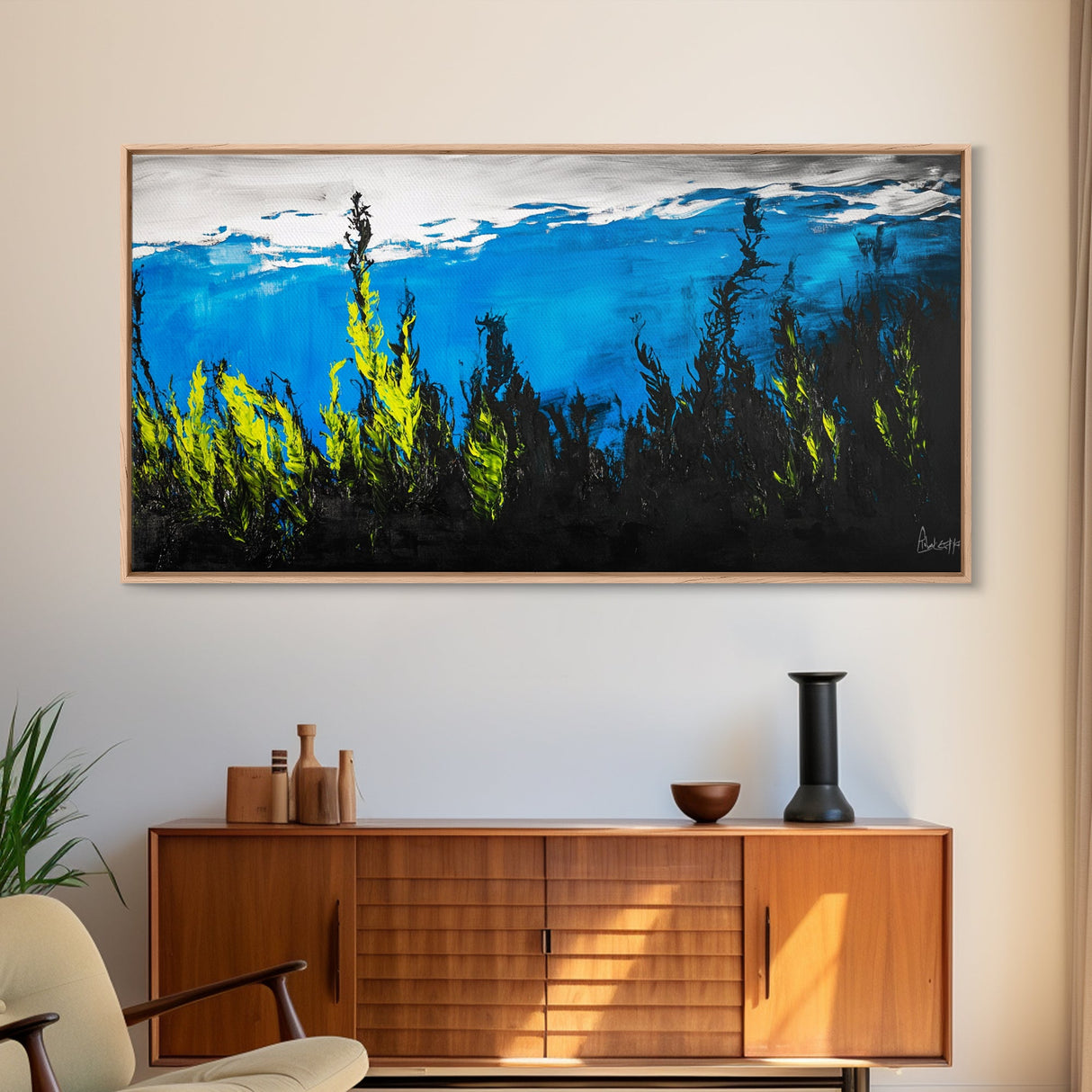 Underwater Seascape Painting, Blue and Yellow Canvas Print, Ocean Wall Art, Marine Decor, Vibrant Home Aesthetic, Framed Canvas Print