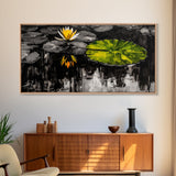Lotus Pond, Serenity, Zen, Framed Canvas Print, Black and White Nature Art, Japanese Water Lily Decor, Minimalist Meditation Wall Art