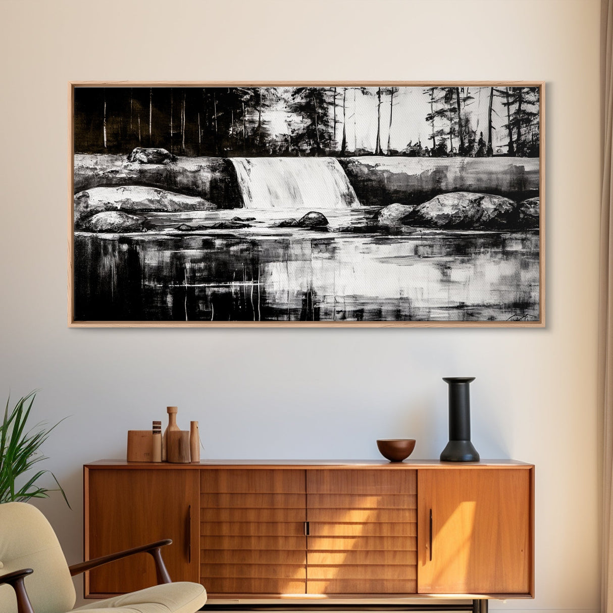Waterfall Landscape, Black and White Nature Art, Forest Wall Decor, Rustic Art, Minimalist Landscape, Cabin Artwork, Framed Canvas Print