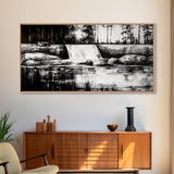 Waterfall Landscape, Black and White Nature Art, Forest Wall Decor, Rustic Art, Minimalist Landscape, Cabin Artwork, Framed Canvas Print