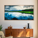 Blue Lake, Reflection Landscape, Nature Wall Art, Framed Canvas Print, Large Canvas Artwork, Modern Home Decor, Office Wall Art