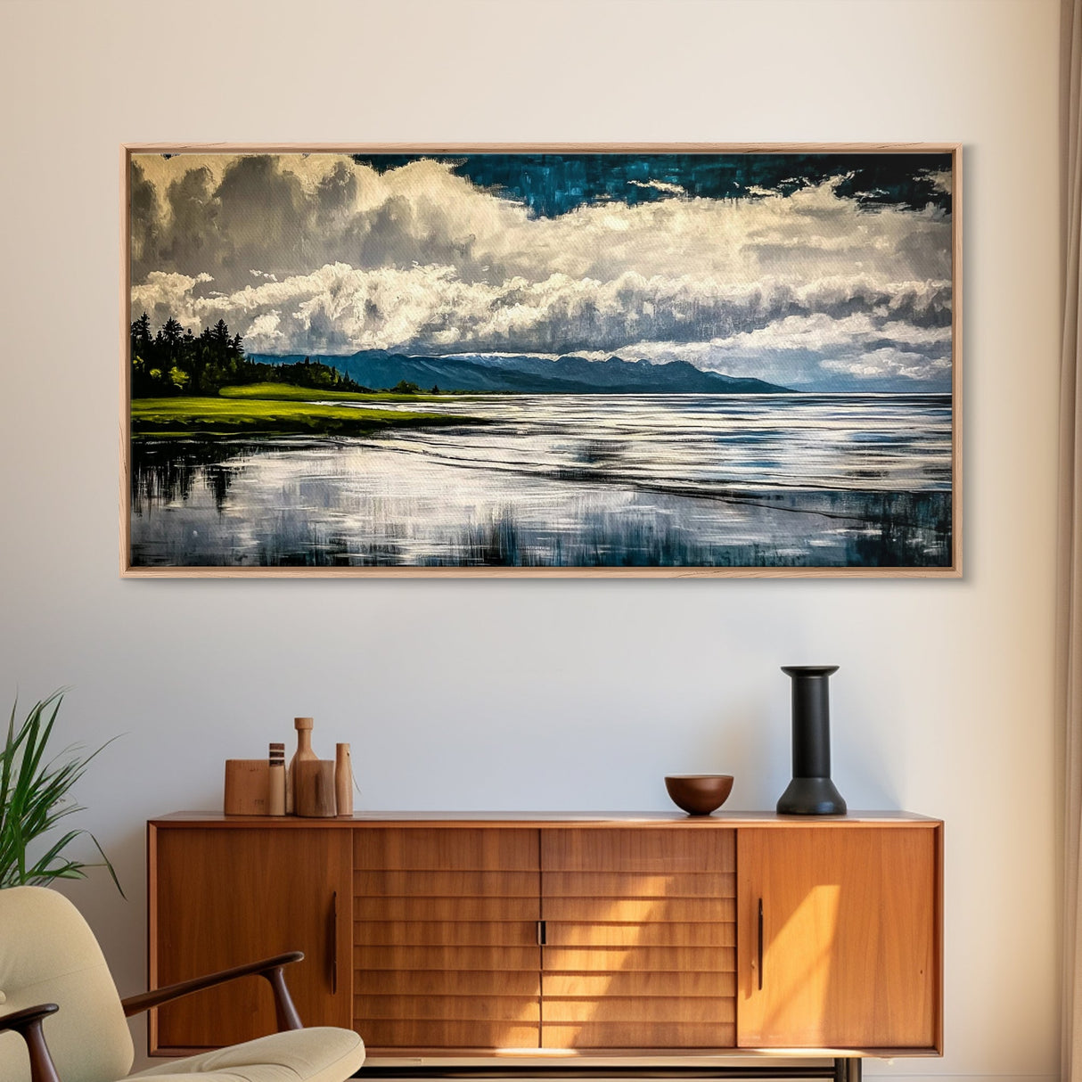 River Reflection, Scenic Water View, Serene Landscape, Framed Canvas Print, Large Nature Art, Modern Home Decor, Bedroom Wall Art