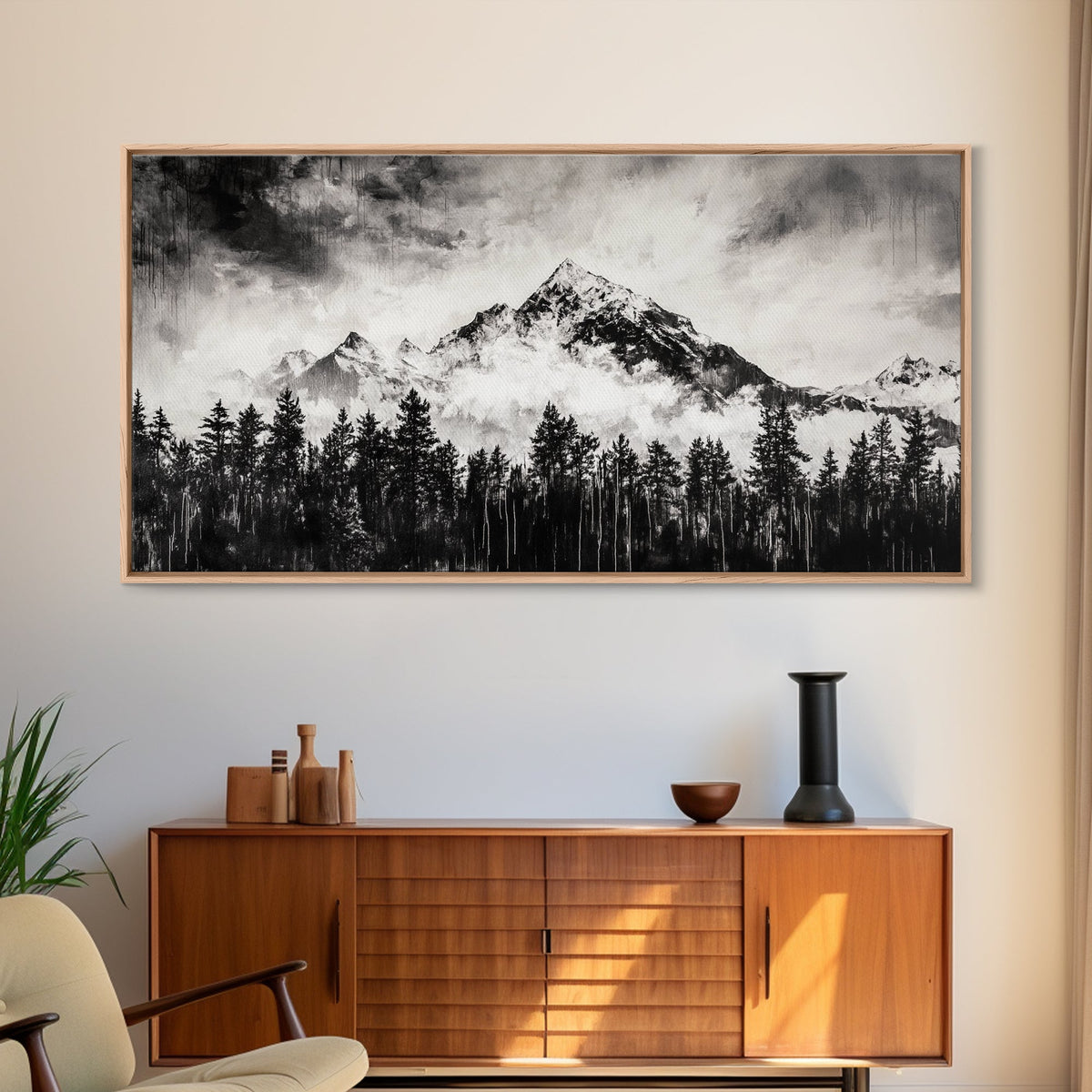Mountain Landscape, Black and White, Framed Canvas Print, Nature Wall Art, Rustic Home Decor, Modern Farmhouse, Large Wall Art