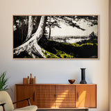 Forest Tree, Ocean View, Coastal Landscape, Canvas Print, Nature Wall Art, Black and White Art, Cabin Wall Decor, Rustic Wall Art