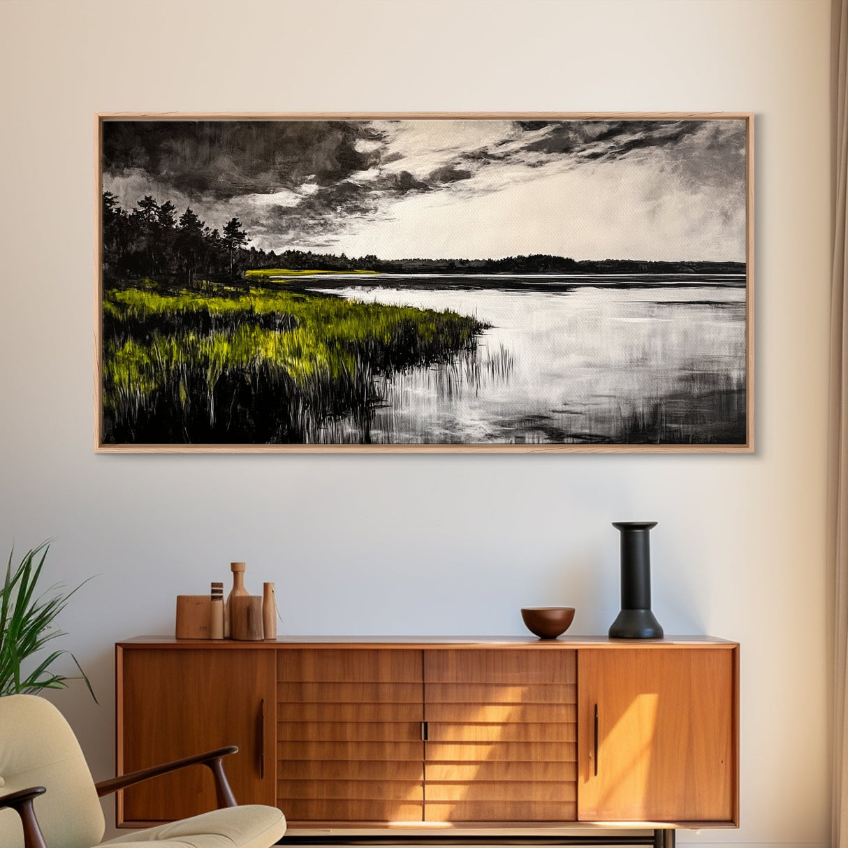 Marshland, Moody Sky, Lakeside View, Canvas Print, Nature Photography, Living Room Wall Art, Rustic Landscape, Neutral Tones Decor